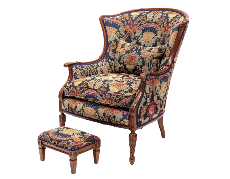 Vintage Upholstered Wingback Bergere Chair and Footstool
